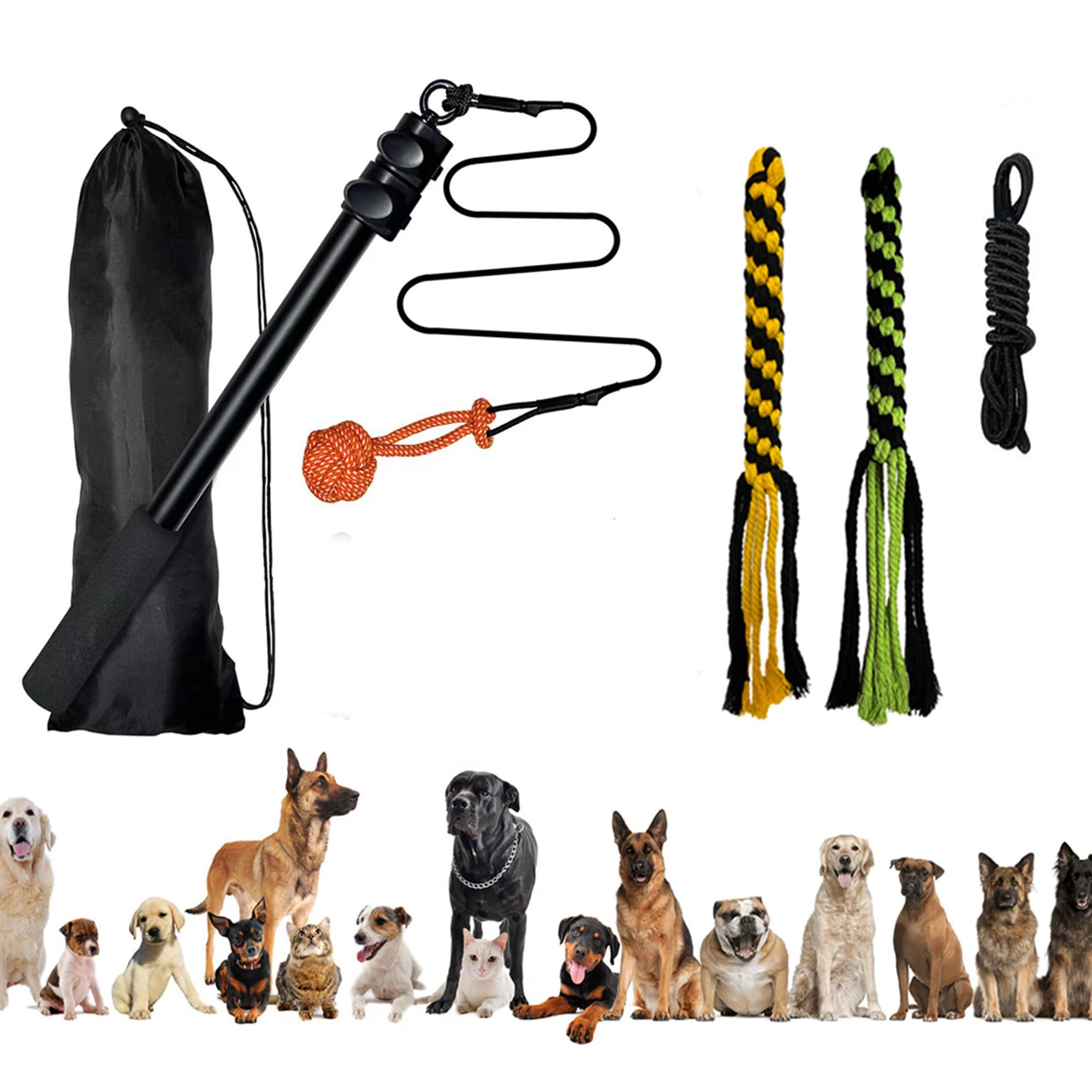 Flirtstange für Hunde, zusammenklappbar, ausziehbar, mit Quietschspielzeug, Jagdseil, Ballspielzeug, Agility-Trainingsgerät für kleine, mittelgroße und große Hunde, Trainingsgeräte für Hunde