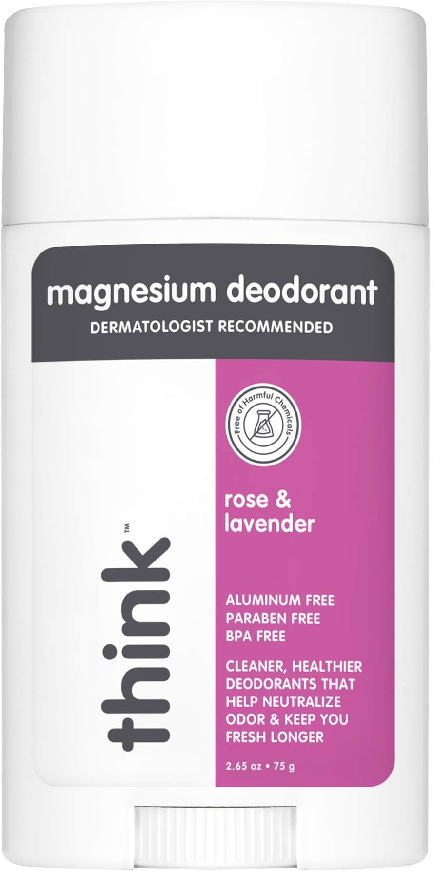 Think Magnesium Deodorant – Aluminum Free Under Arm Freshness – Non-Toxic & Long Lasting – Cruelty Free Deodorant with No Phthalates or Parabens – Lavender Rose, 2.65oz