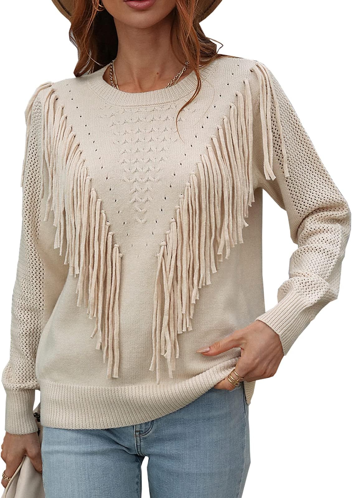 kinstellWomen's Casual Loose Crewneck Long Sleeve Fringe Tassel Knit Chunky Pullover Sweater Jumper Top
