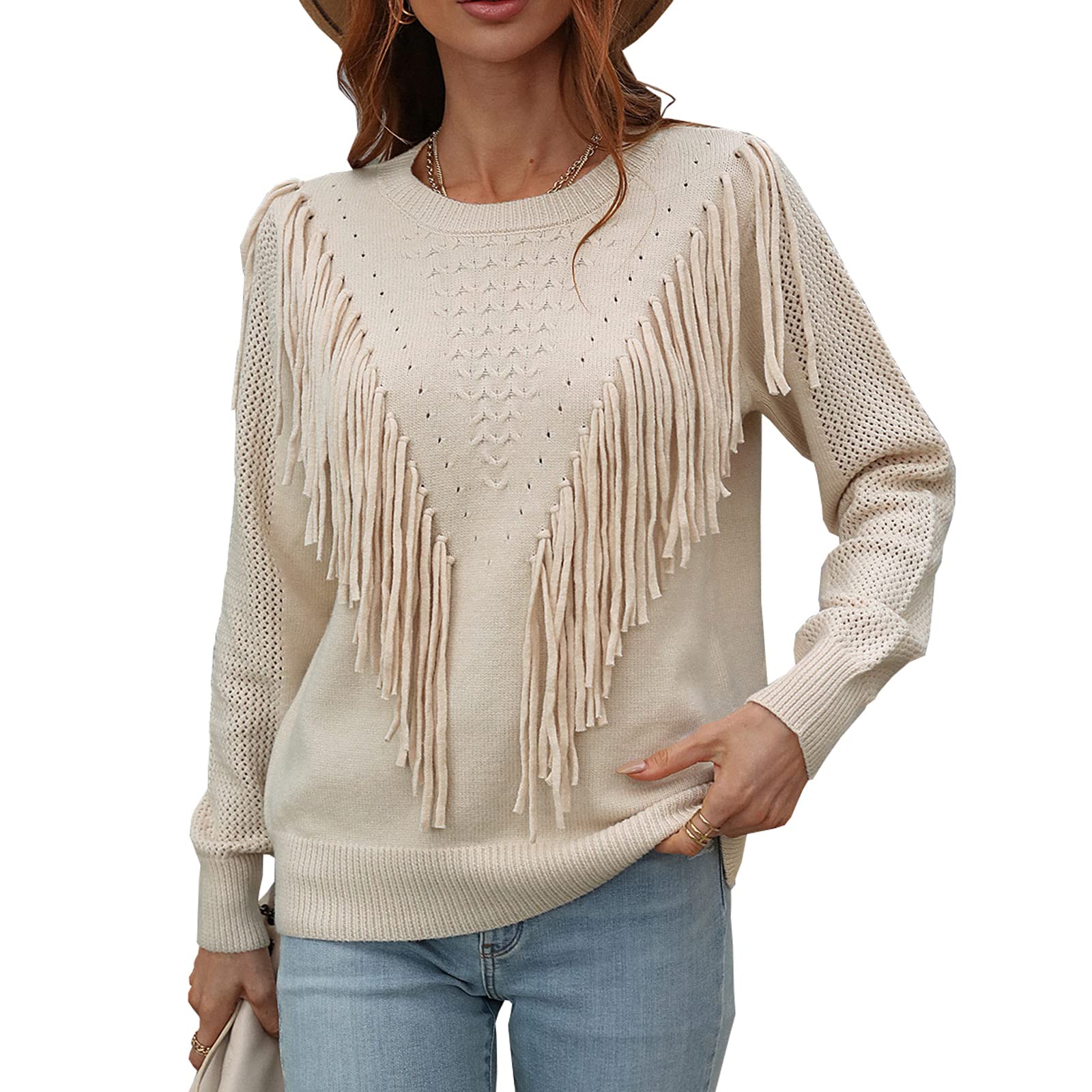 kinstellWomen's Casual Loose Crewneck Long Sleeve Fringe Tassel Knit Chunky Pullover Sweater Jumper Top