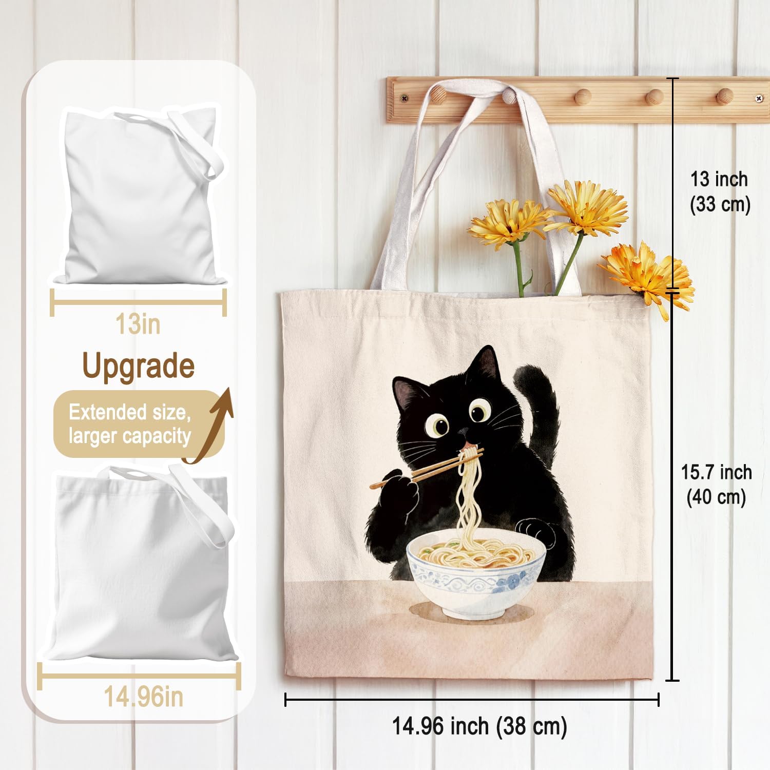 Cute Black Cat Canvas Tote Bag Aesthetic Flowers Reusable Shopping Grocery Bags Birthday Gifts for Women & Teen Girls - Image 4