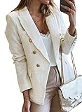Happy Sailed Womens Tweed Blazers Casual Long Sleeve Double Breasted Open Front Blazer Jackets Work Suits Medium A White