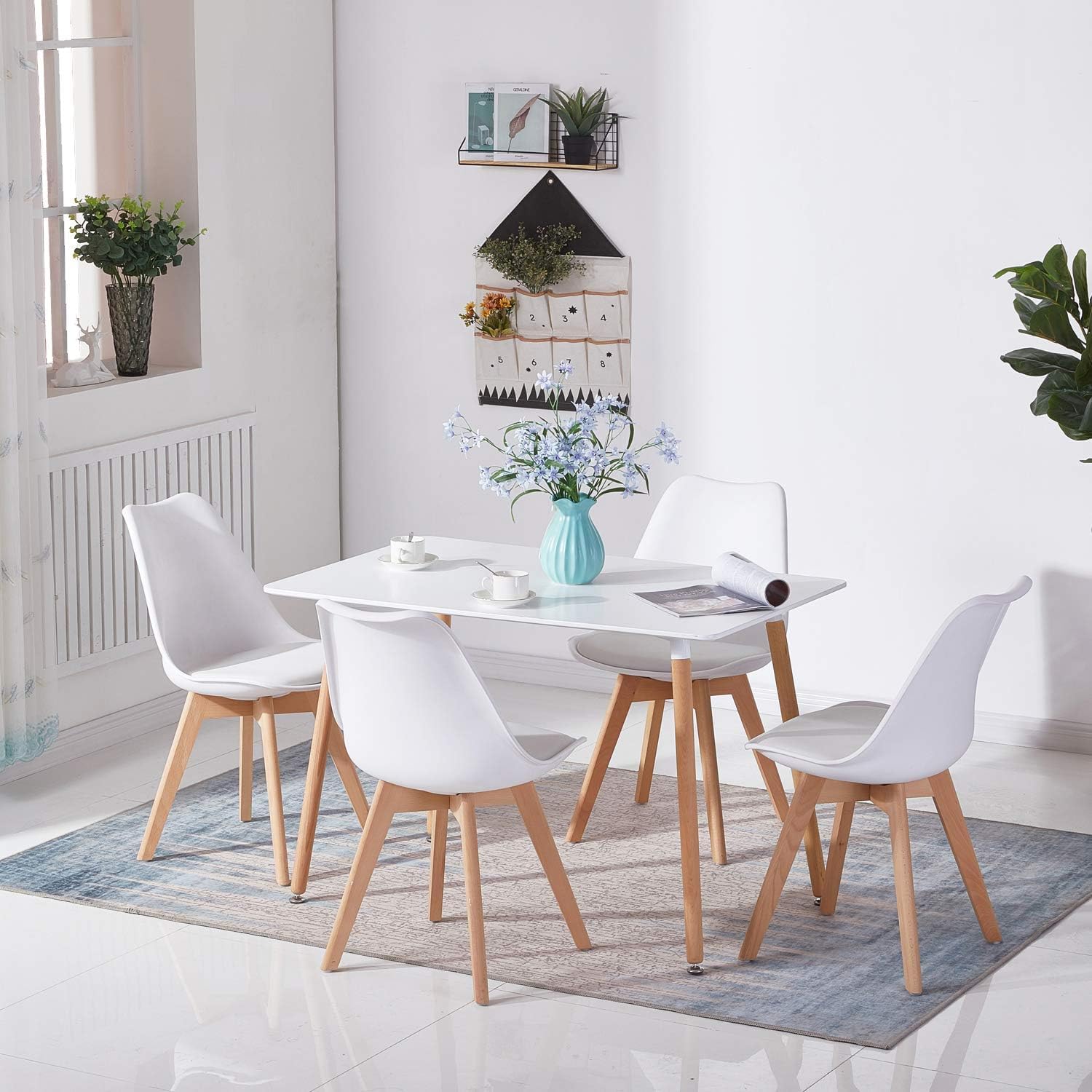 Prostokątny stół do jadalni 110 × 70 × 75 cm, biały, MDF stół kuchenny z nogami z drewna bukowego, solidny stół do jadalni dla 4-6 osób, łatwy w pielęgnacji, drewniany stół (tylko stół)