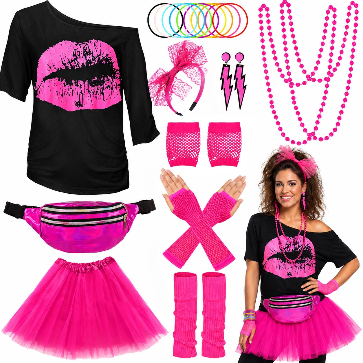 Completo anni '80 completo da donna, t-shirt, tutù, marsupio, fascia per capelli, orecchini, collana, guanti a rete, abbigliamento anni '80 costume neon accessori festa a tema carnevale donna
