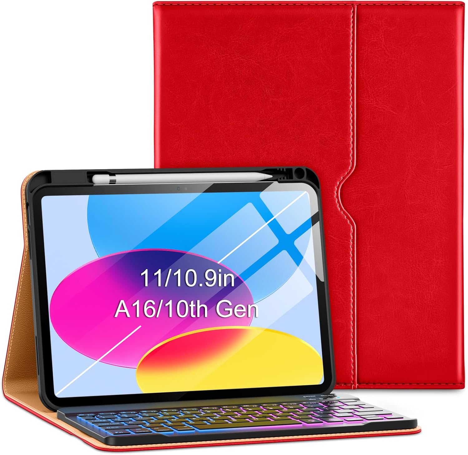VIKESI Keyboard Case for iPad (A16,2025) 11th Generation/iPad 10th Generation Case (10.9" 2022),Premium Leather Smart Cover,Built-in Breathing Light,Function Row,Pencil Holder,Card Slots - Bright Red