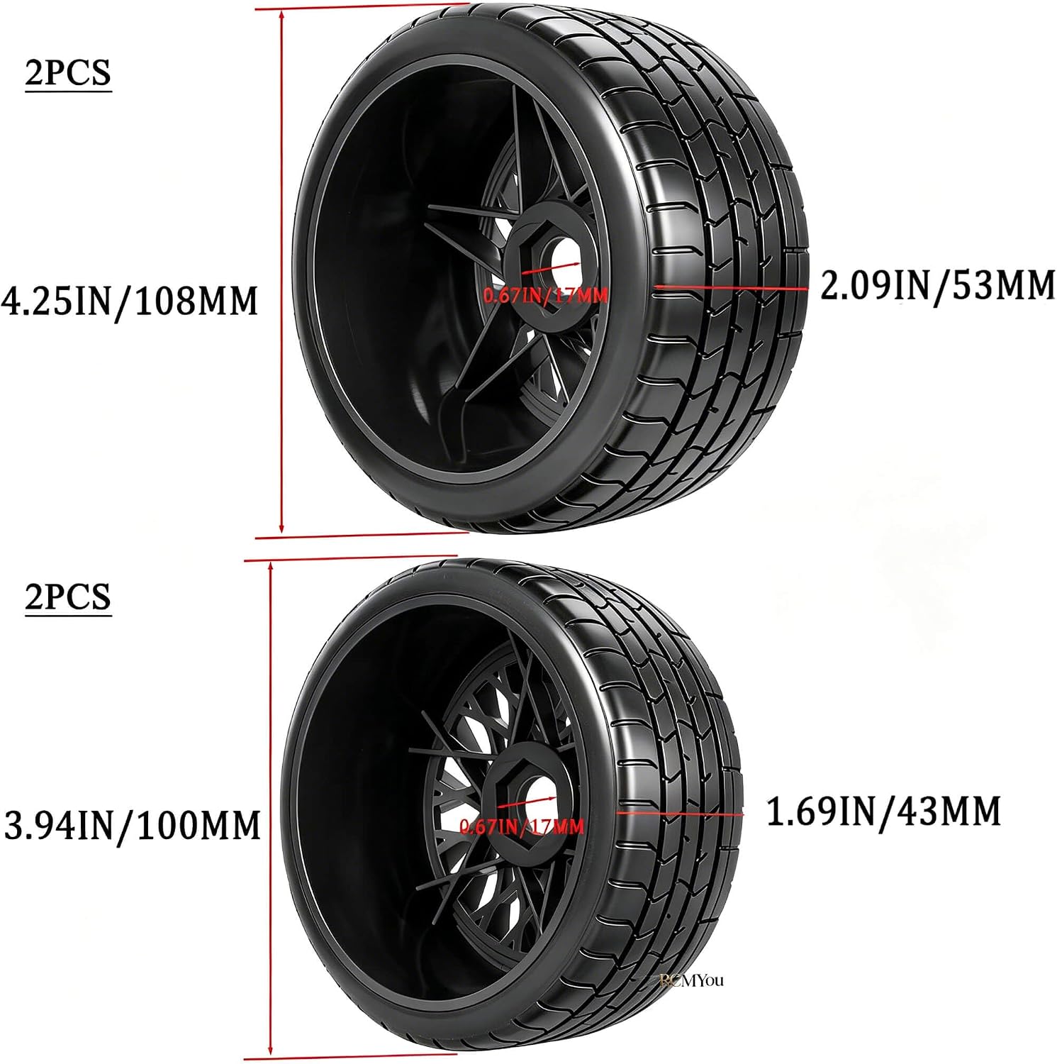 RC Tires and Wheels (4PCS) for 1/7 Infraction Felony FS Racing Model GT RC Car,Street Tire with Foam Inserts,Highway Wheels and Tires Set/Plastic Wheel,Black