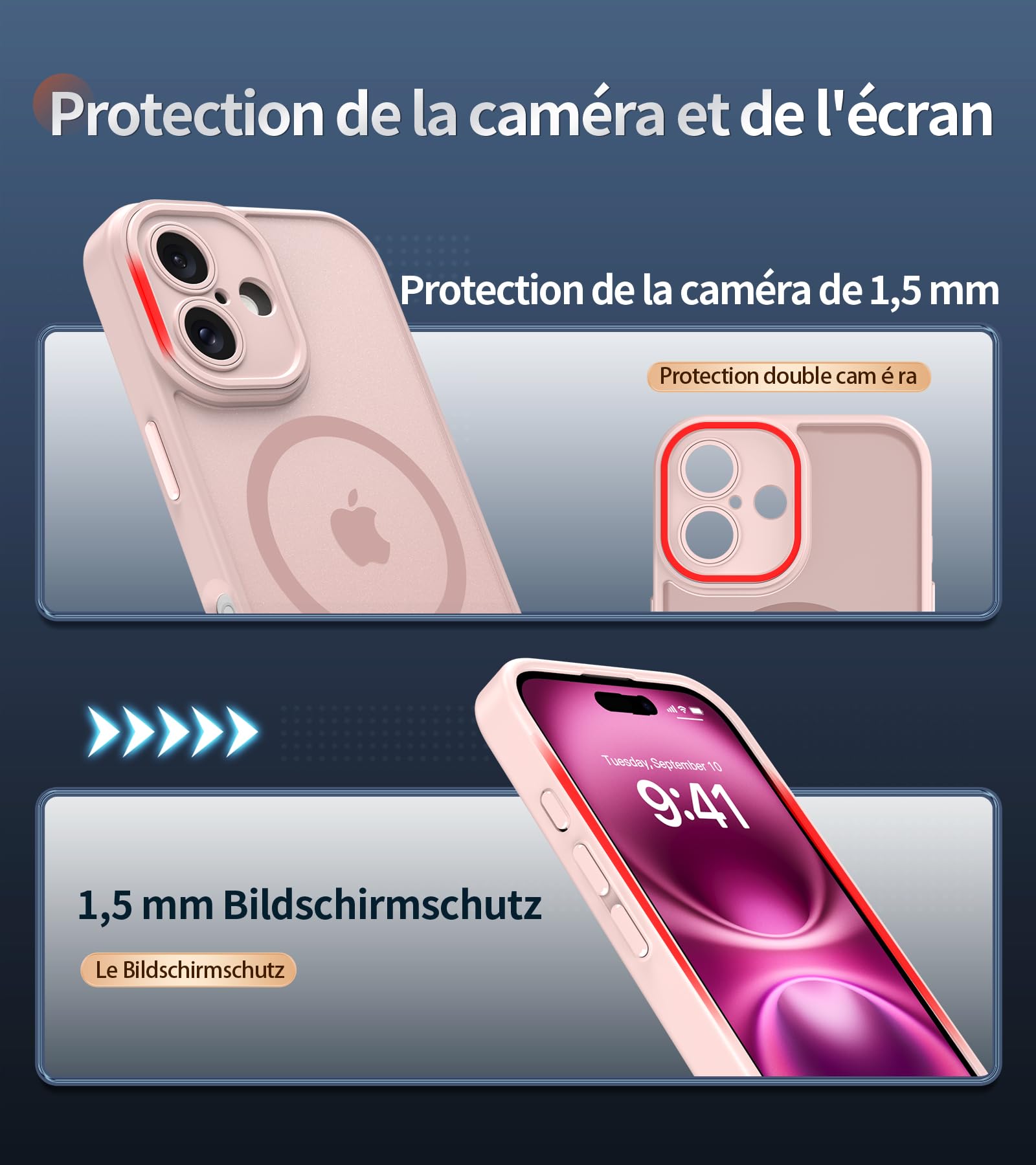 FLLAO Cover Magnetica per iPhone 16 Custodia e 2 Pellicole in Vetro Temperato, Cover iPhone 16 Compatibile con Magsafe, Traslucida Opaca Posteriore Sottile Antiurto Protettiva Case, Rosa