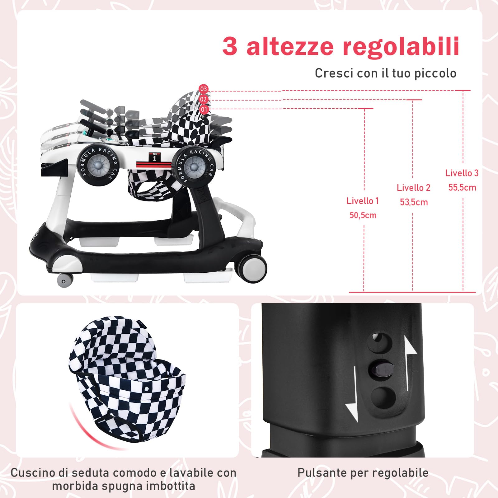 GYMAX Girello per Bambini 4 in 1 a Spinta, Girello Primi Passi Pieghevole con Altezza e Velocità Regolabile, con Luci e Suoni per Bambini 6-18 Mesi, Portata 12 kg, 73 x 64 x 55,5 cm (bianco)