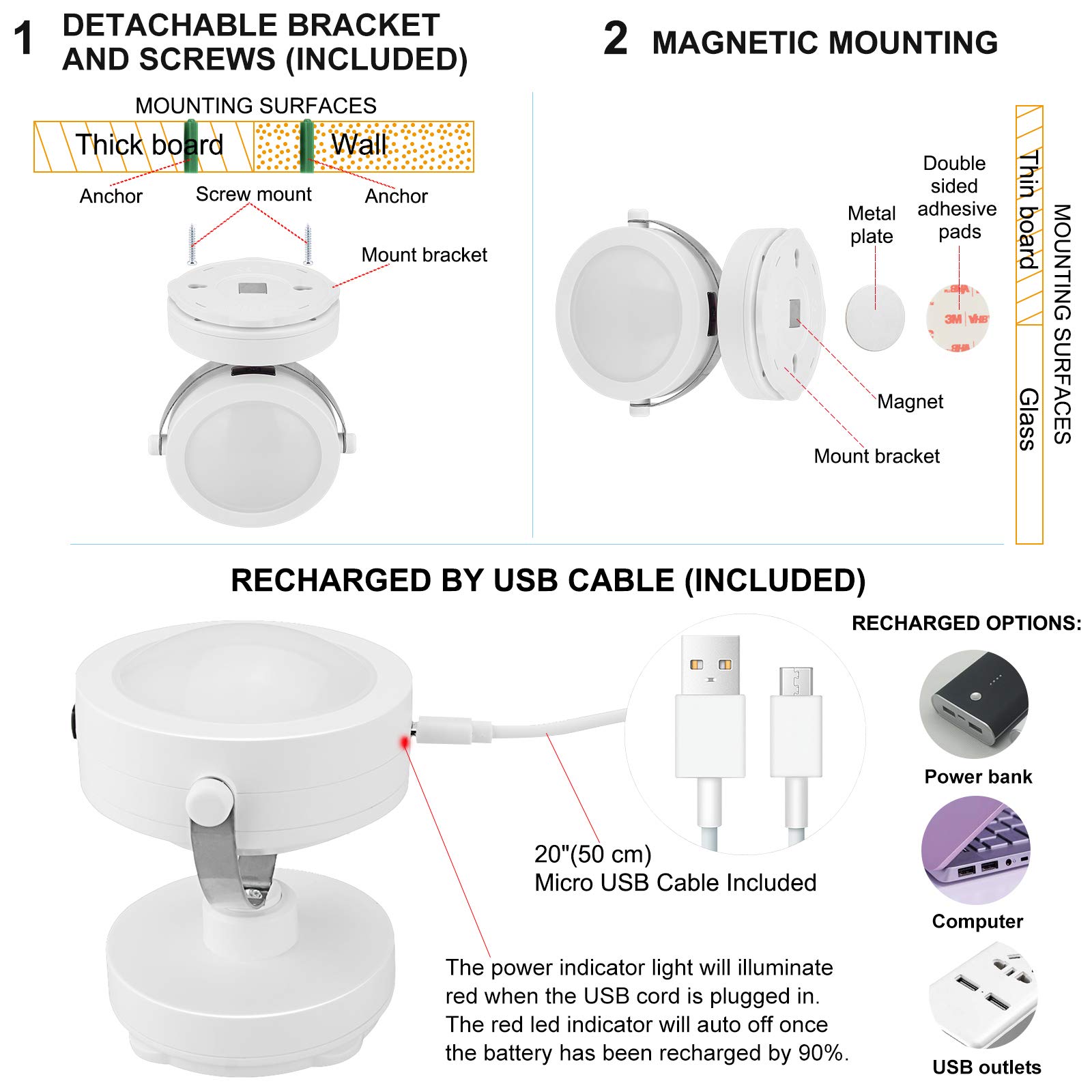 HONWELL LED Spot Lampe Drahtlose Deckenstrahler mit Fernbedienung, Wiederaufladbares Bilder mit beleuchtung Drehbar Licht Kopf, RGB Dartscheibe Beleuchtung für Spiegelanstrich Dartscheibe, Weiß