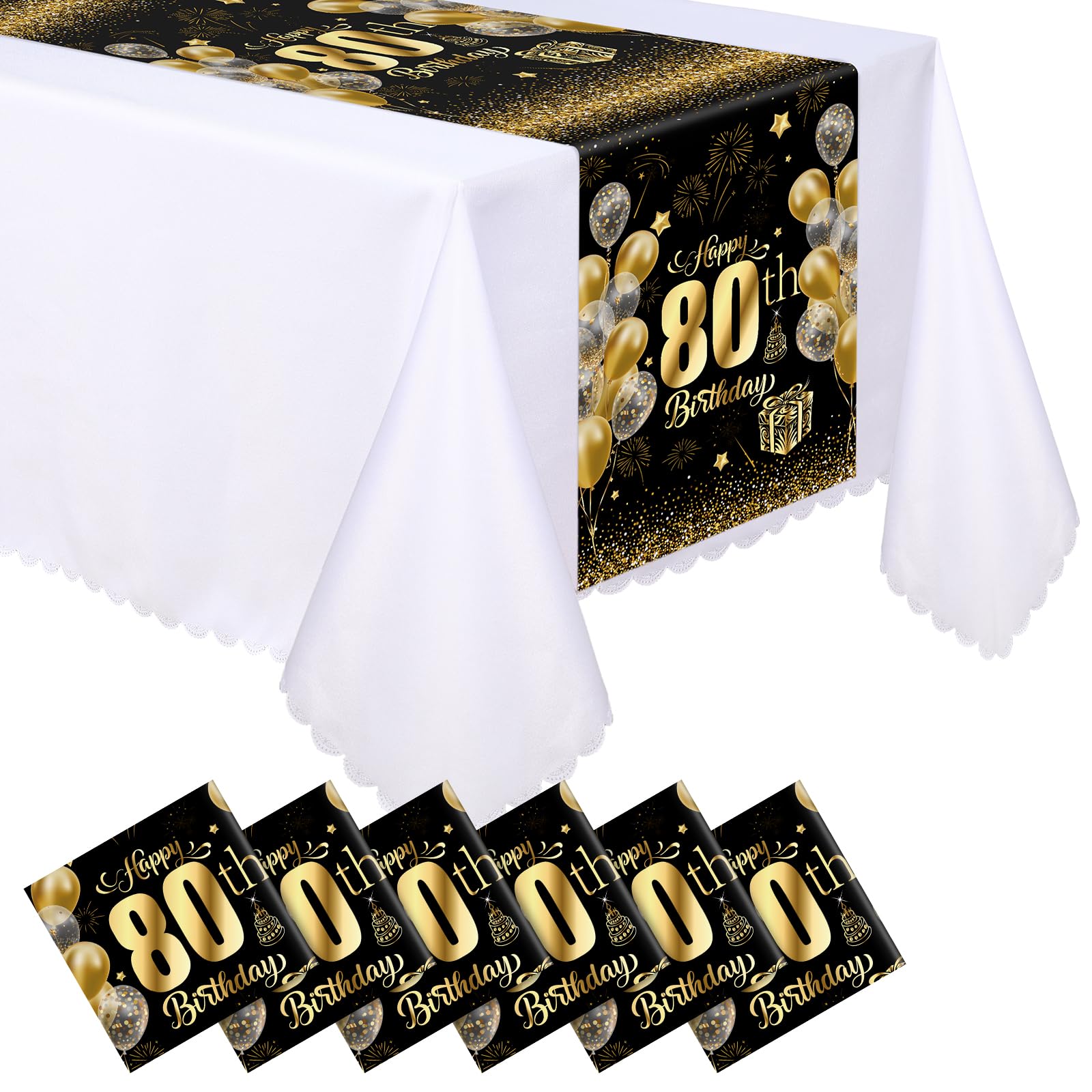 Windkream 6 Pcs Plastic 80th Birthday Table Runners Disposable Black and Gold Tablecloths Happy 80th Birthday Table Runners 14x108 inch for Men Women Anniversary Milestone Party Decorations