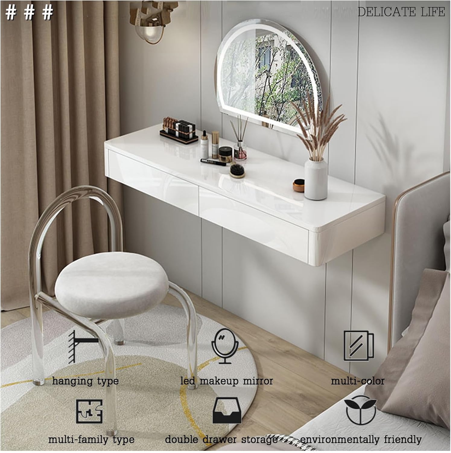 Wall-Mounted Floating Dressing Table with Drawers, Space-Saving Makeup Vanity Desk for Small Spaces, Bright White 60cm, Ideal for Bedroom, Study, or Living Room.