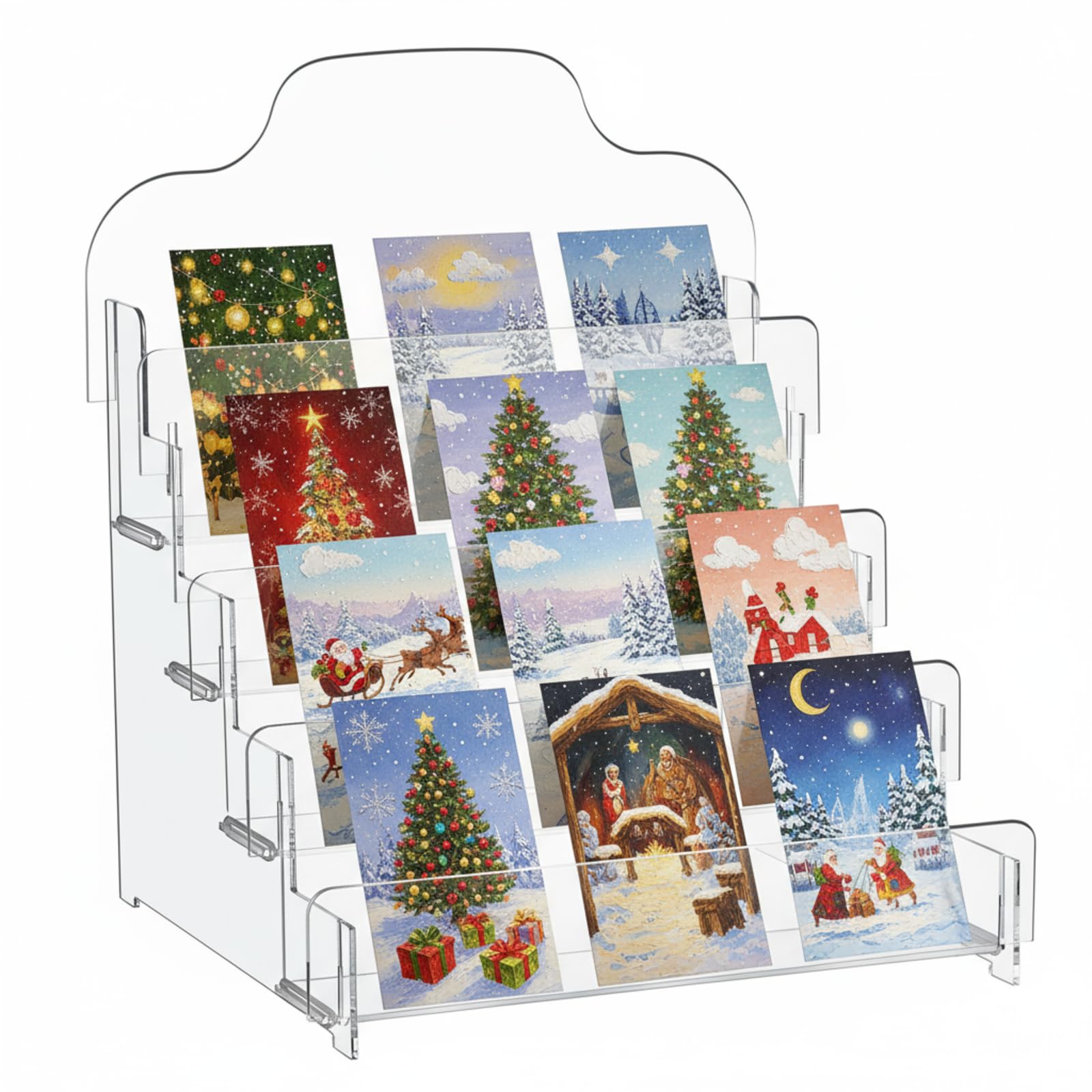 Menkxi 4 Tier Greeting Card Display Stand 12 x 10 x 14 Inch Clear Acrylic Sticker Organizer Rack for Vendors Counter Retail Stores Postcard