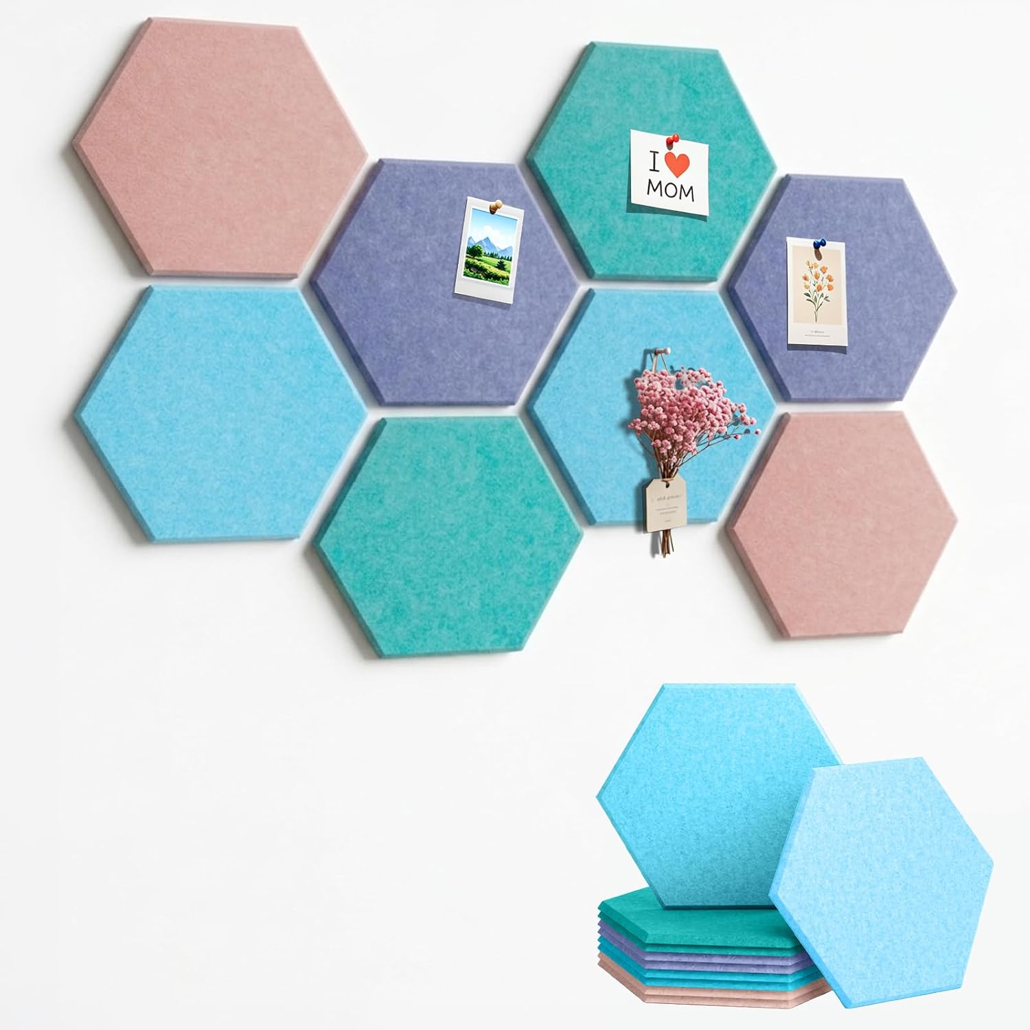 8 Pack Hexagon Cork Board Alternative for Walls Decor, 12" x 10" Self-Adhesive Felt Bulletin Board Tiles with 30 Pushpins, Acoustic Panels for Office,Classrooms (Macaron Fresh)