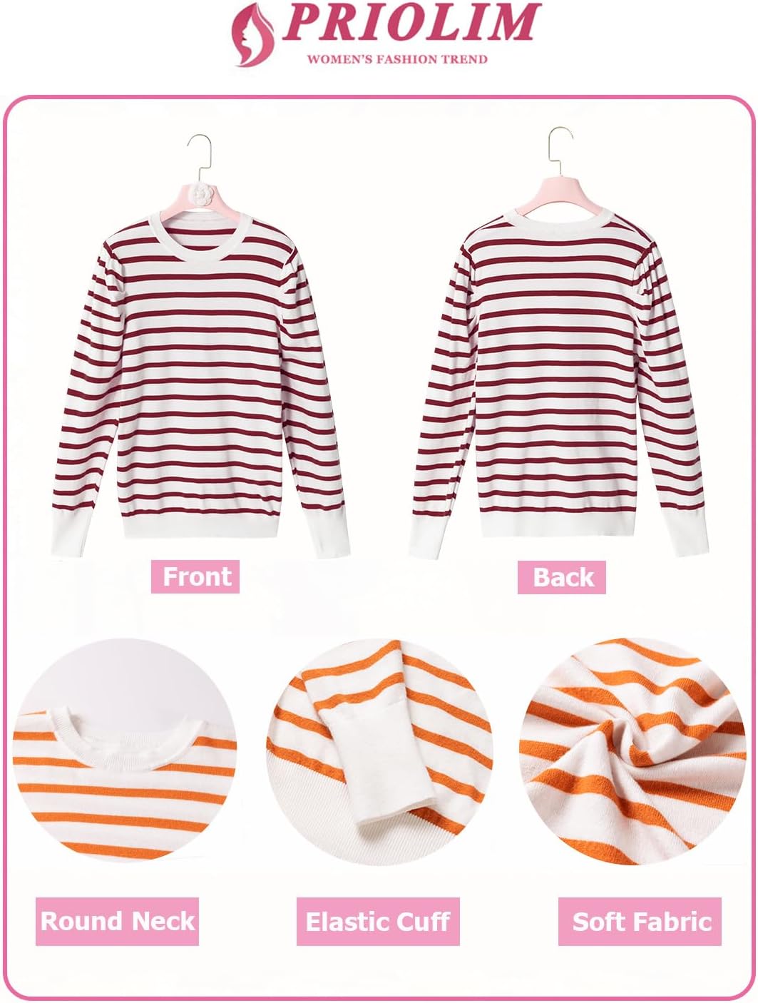 Womens Striped Sweater Fashion Puff Long Sleeve Knit Top Casual Crew Neck Pullover Sweaters - Image 5