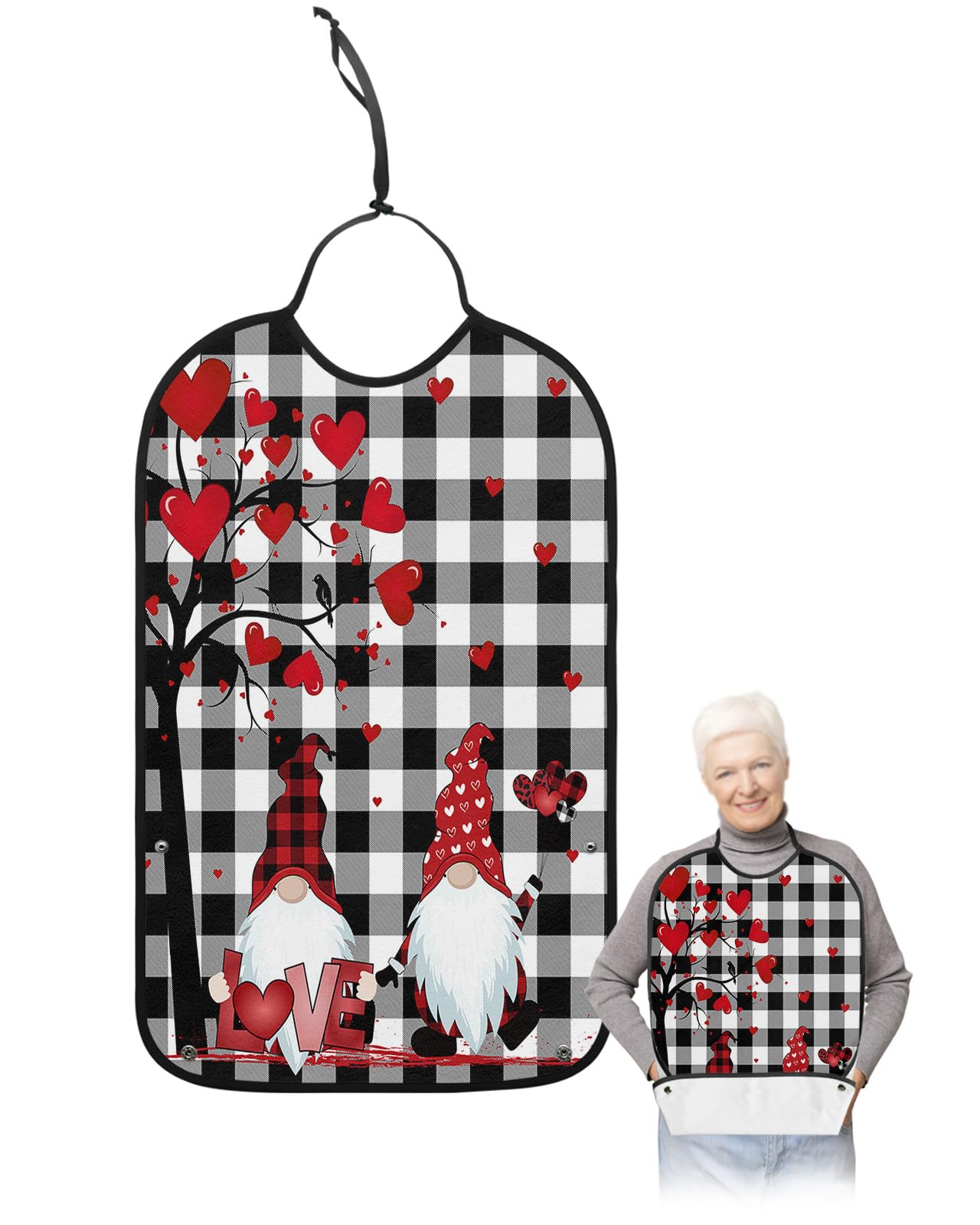 LEOKOTI Valentines Adult Bibs for Eating, Waterproof Bibs with Food Catcher & Adjustable Snap Closure, Black White Plaid Love Heart Tree Washable Clothing Protectors Adult Bibs for Elderly Women/Men