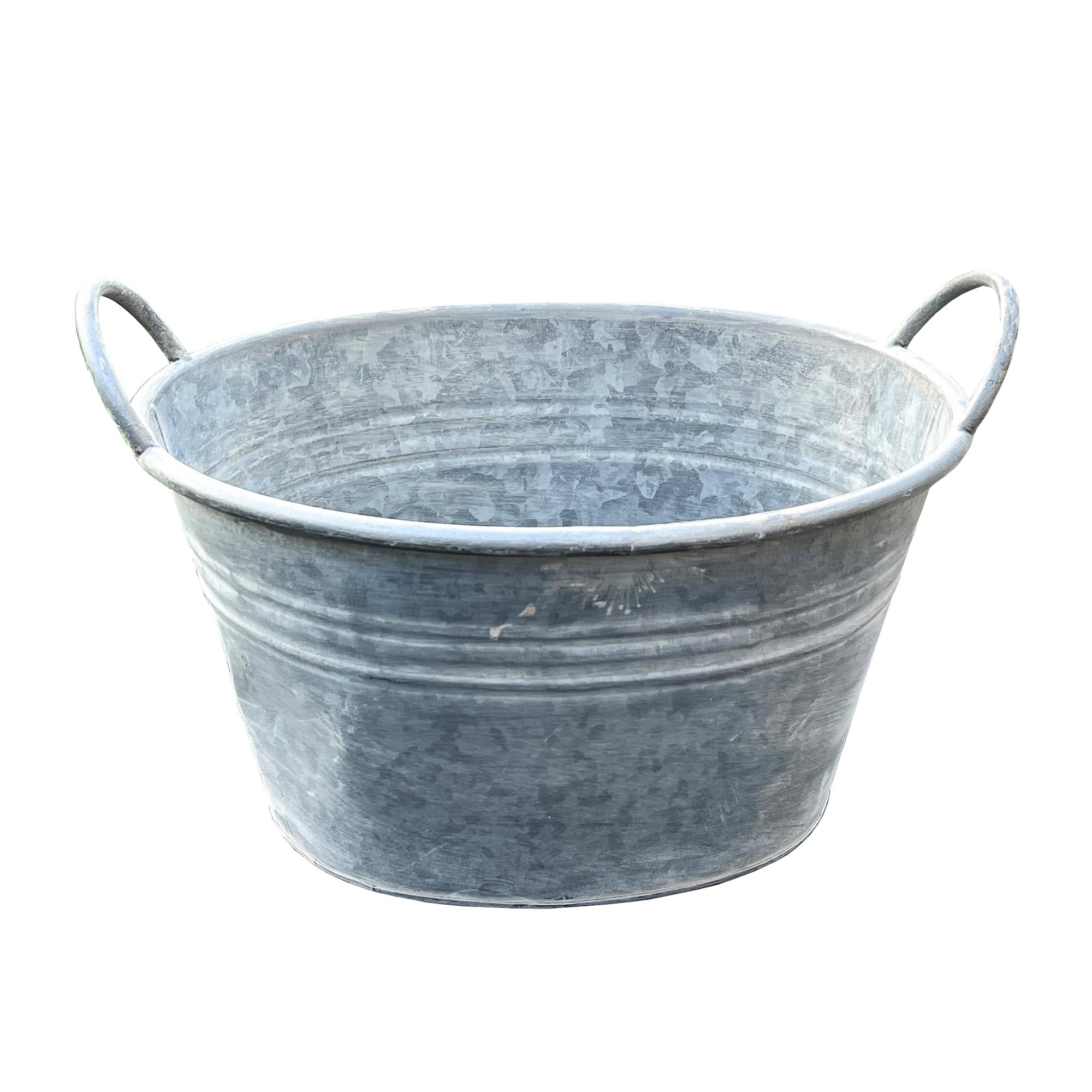 Alfie Francis 38.5cm W x 24cm H Oval Galvanised Zinc Metal Garden Planter with Handles Outdoor Plant Pot Vintage Ribbed Barrel Tub Decoration