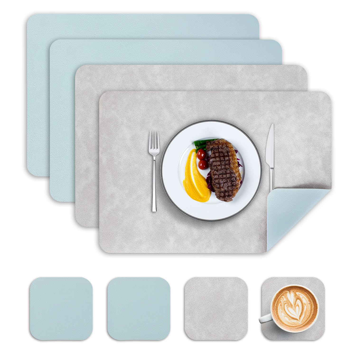 Wanfolle Tischsets Abwaschbar und Untersetzer 4er Set, Tischsets Leder Platzset Abwischbar Doppelseitigen Hitzebeständig Wasserdicht rutschfest Platzdeckchen Lederoptik (Hellgrau Hellblau)