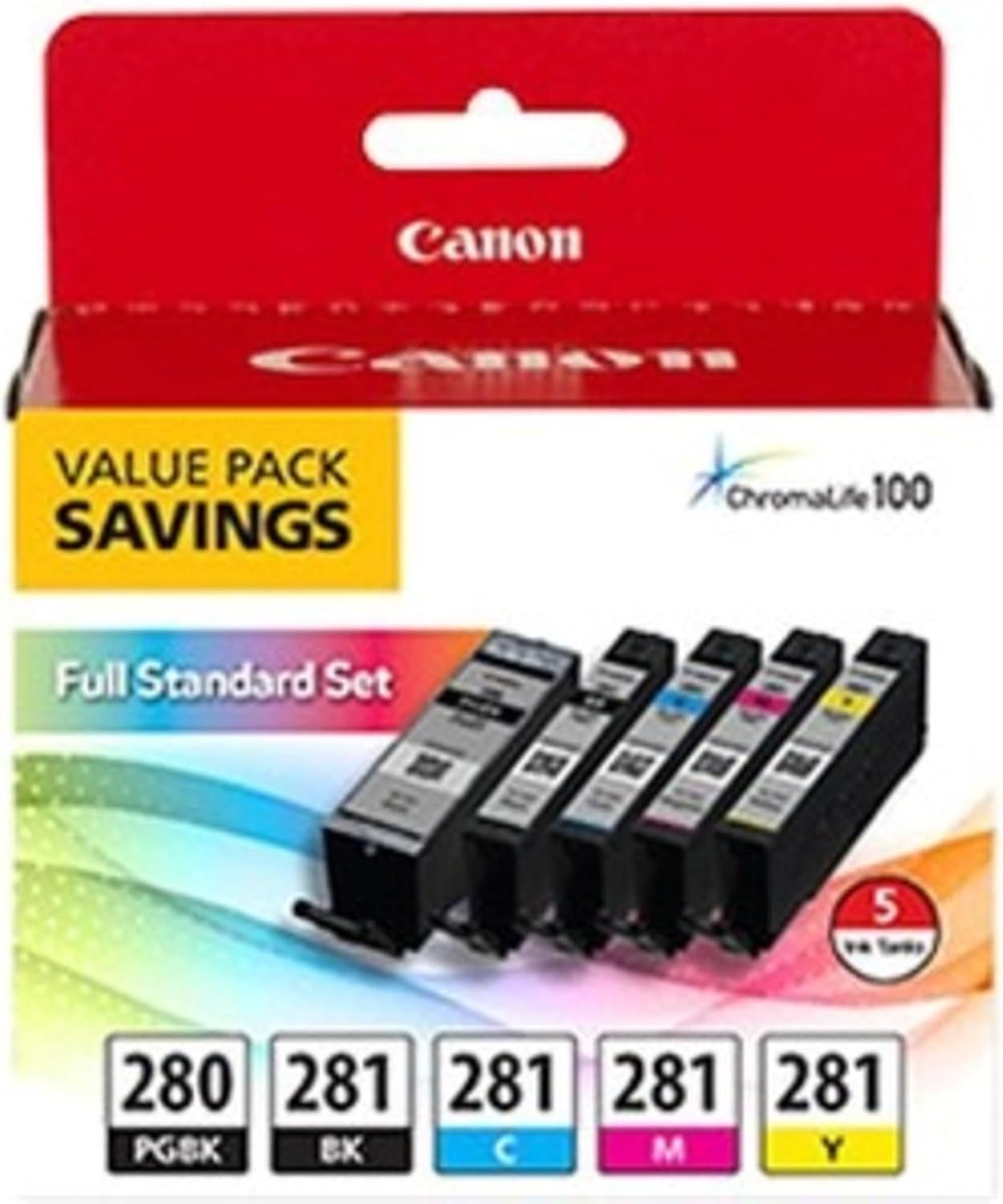 Canon PGI-280 / CLI-281 5 Color Ink Pack, Compatible to TS8120,TS6120,TR8520,TR7520, and TS9120 Wireless Printers, Multi, PGI-280 Full Standard Set