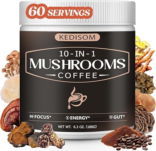 Café de hongos 10 en 1, café instantáneo de hongos en polvo con melena de león, Cordyceps, Reishi, Shiitake, cola de pavo, trompeta King, para