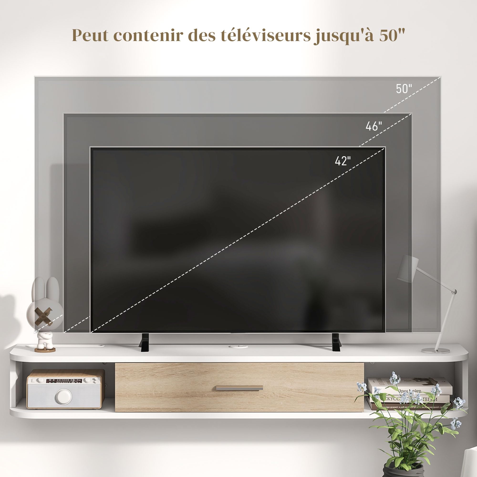 HOMCOM Mueble TV banco de hasta 50 pulgadas con 4 compartimentos, 4 cajones, 2 pasacables y 1 armario patas de metal negro – 120 x 39 x 64 cm