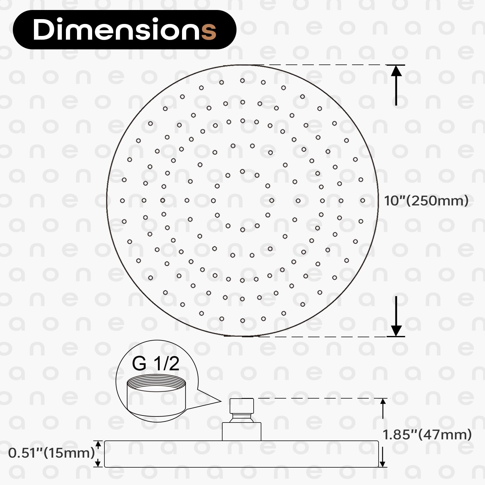 Soffione doccia a pioggia da 25,4 cm, ad alto flusso, grande soffione doccia a cascata 2,5 GPM con angolo di rotazione regolabile, bronzo lucidato ad olio SH001ORB-D10