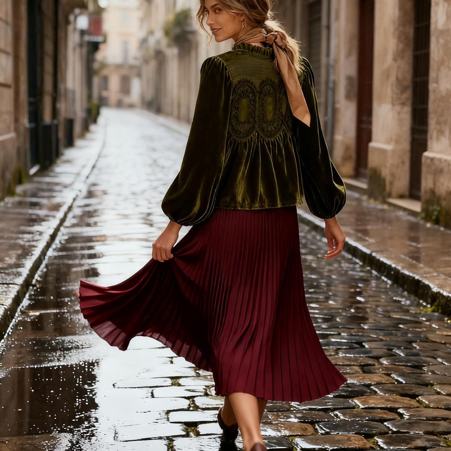 Women's Velvet Lace Tops Elegant Long Sleeve Swing Velour Blouse Casual Crew Neck Mesh Flared Shirt Tops - Image 6