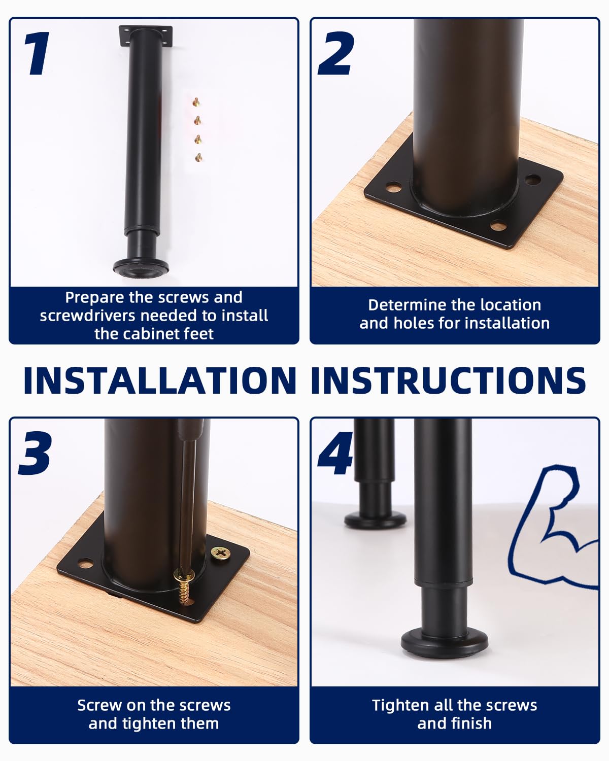 4 Piedini Regolabili Per Mobili - Acciaio Carbonio, Altezza 25-42 Cm, Nero