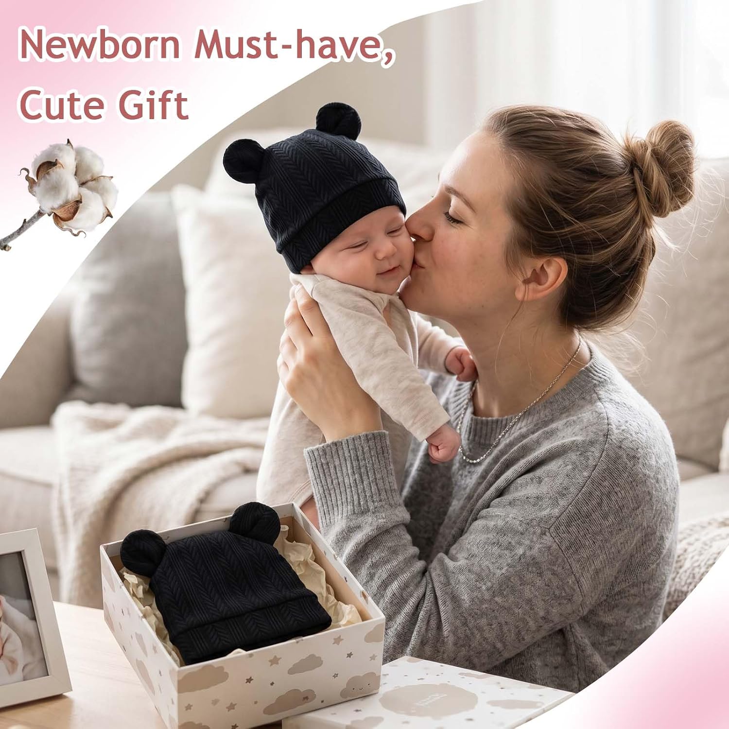 4 Pcs Newborn Baby Turban Hats New Born Hospital Hat with Cute Bear Ear Baby Beanie Hat Cap Soft Breathable Head Wrap for 0-3 Months Infant Boy Girl