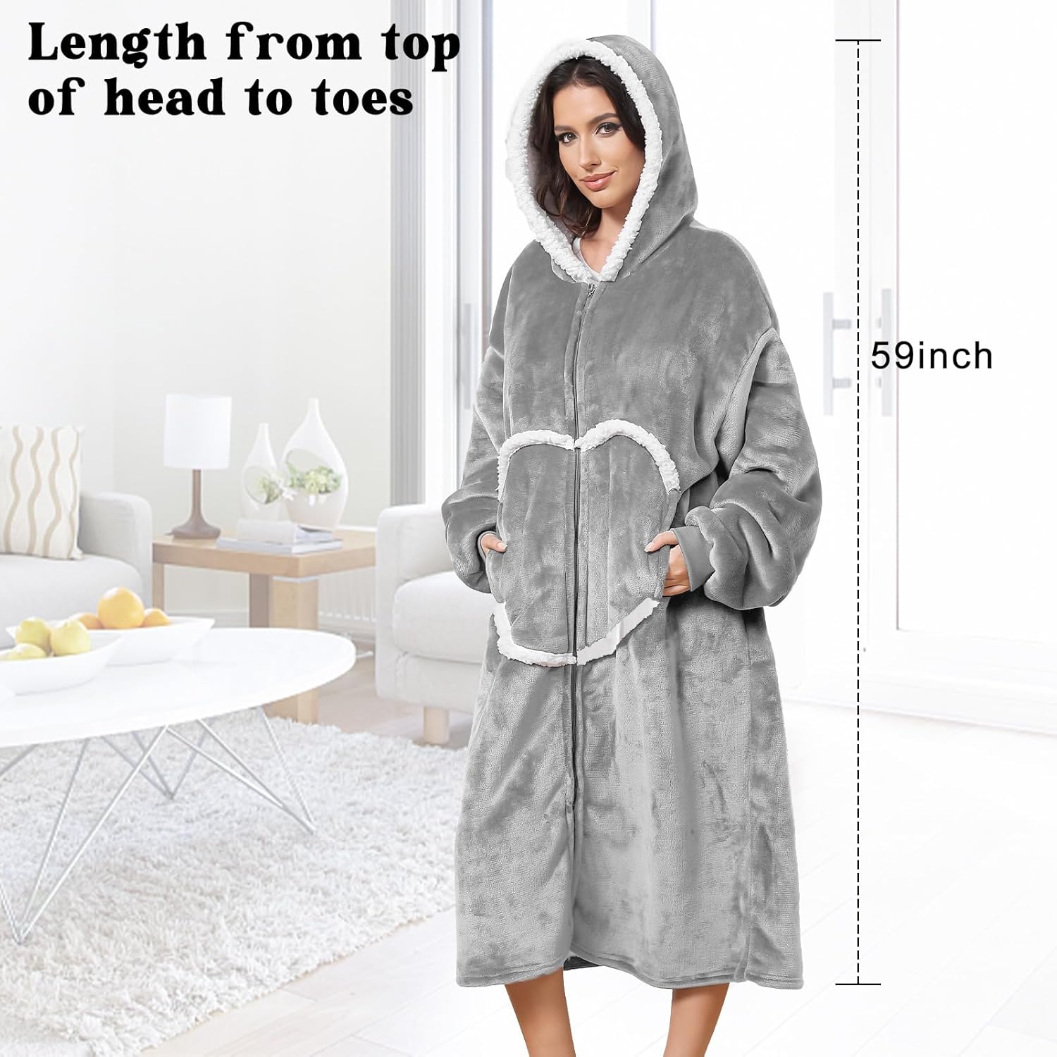 Oversized Wearab Blanket Hoodie, Cozy Flannel Blanket with Sleeves and Zipper for Women, Mens, Teens (80 x 120 cm) - Image 5