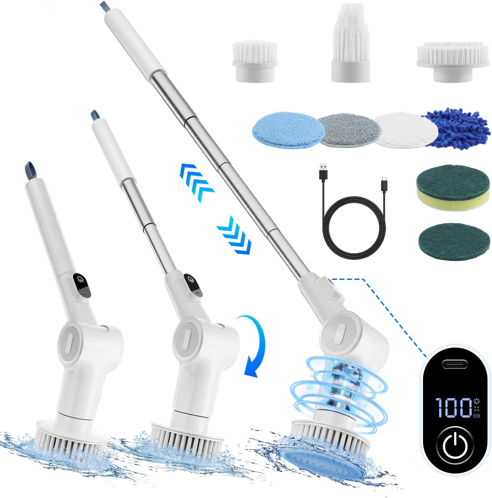Electric Spin Scrubber, Cordless Shower Power Brush for Cleaning, 47" Long Hidden Retractable Handle, 9 Replacement Heads, 6 Adjustable Angles, for Bathroom Kitchen Tile Floor Window Car