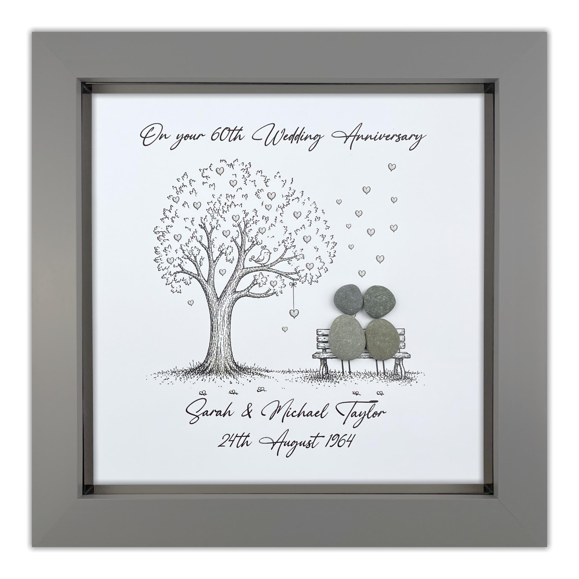Handmade Personalised 60th Wedding Anniversary Pebble Art Gift, Diamond Anniversary Pebble Picture Keepsake, Mr & Mrs Gift, 8 Inch Frame (Grey Frame)