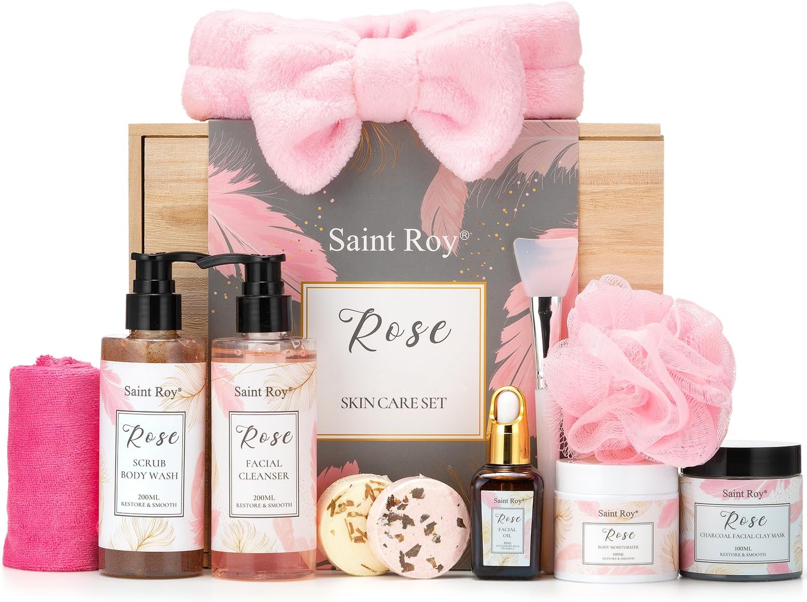 Spa Gifts for Women - 10pcs Self Care Kit with Rose Scented Facial Cleanser, Scrub, Body Wash, Clay Mask, Essential Oil