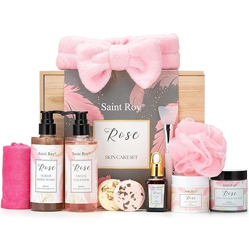 Regalos de spa para mujeres, kit de cuidado personal con aroma a rosa con limpiador facial, gel de lavado corporal, máscara de arcilla facial,