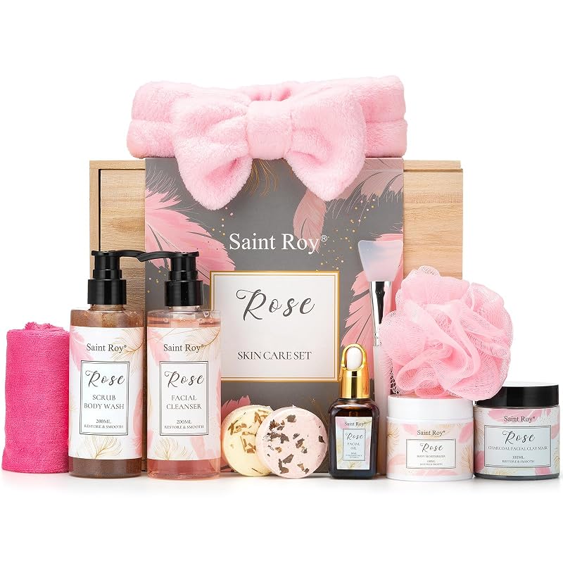Kit de cuidados com a pele Saint Roy com óleo facial de rosa, máscara de argila e acessórios de banho
