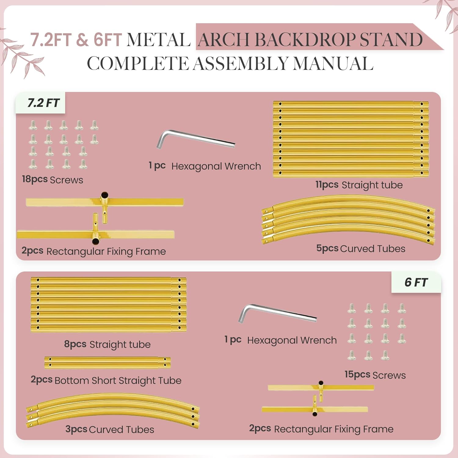 Metal Arch Backdrop Stand, 7.2FT+6FT Gold Wedding Arch Frame, Set of 2 Wedding Arch Backdrop Stand, Balloon Arch Stand for Wedding, Birthday, Party, Baby Shower & Graduation Décor