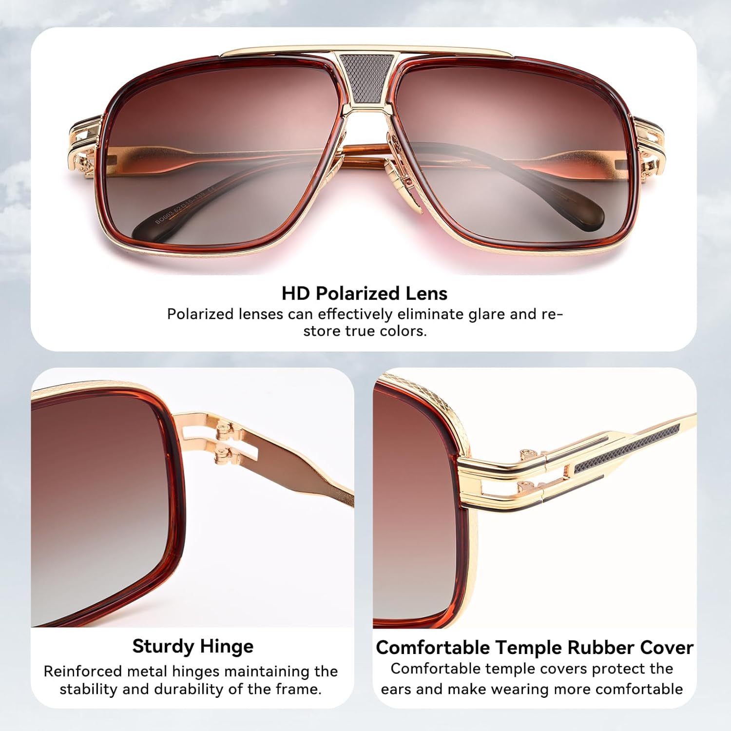 Dollger Fashion Square Aviator Polarized Sunglasses for Men Retro 70s Sunglasses Cool Designer Shades - Image 4