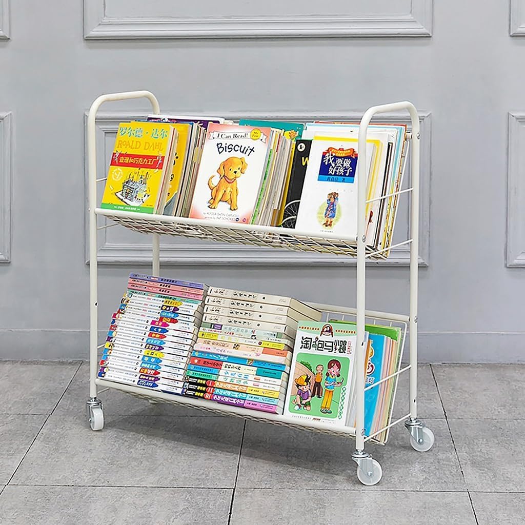 Rolling Book Cart, Moveable Bookshelf Organizer, Metal Shelving Book Carts with Wheels, Multifunctional Storage Trolley Bookcases for Office, Classroom, Library,3 Floor,2floor