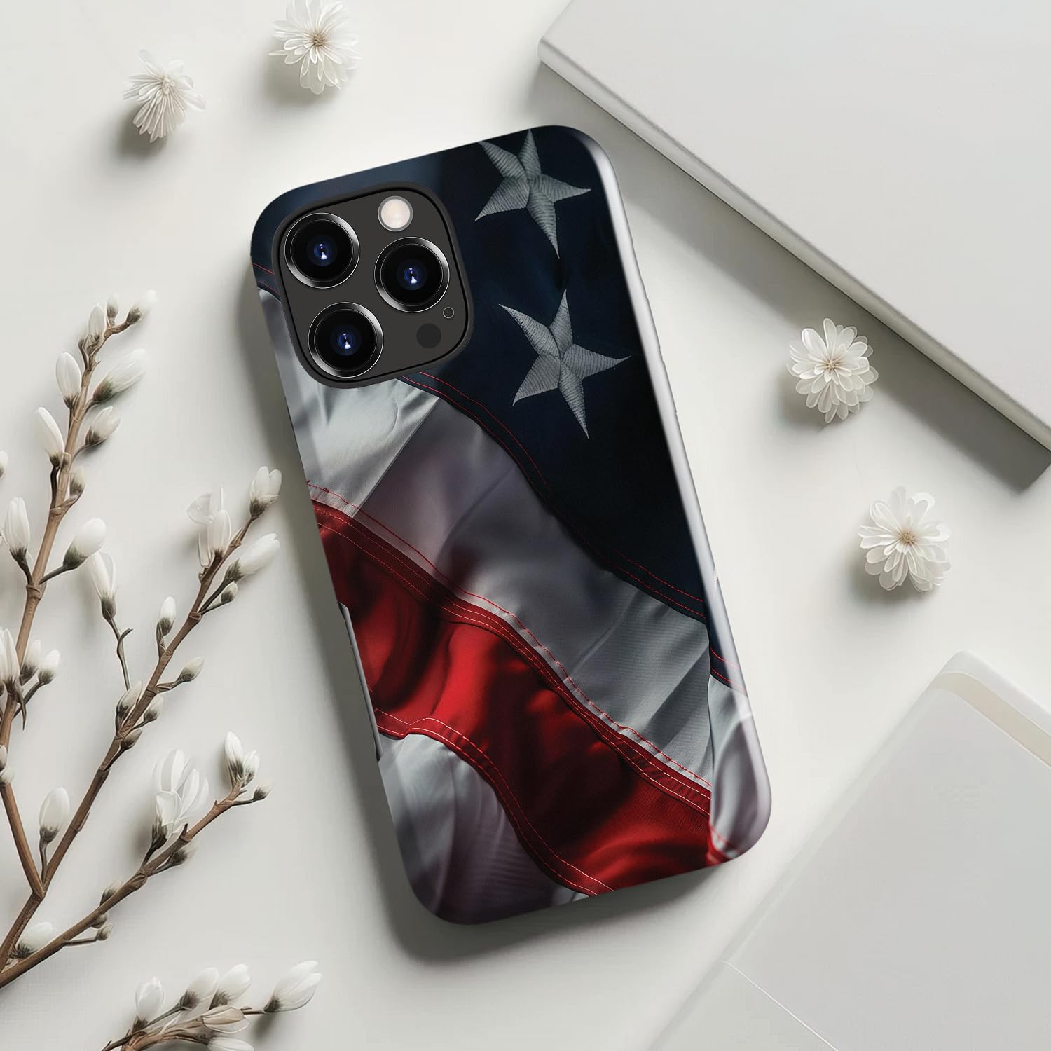 MERRO for iPhone 16 Pro Case - Wireless Charging Compatible - Dual-Layer Hard Shell & Silicone Cover - Protective Phone Case with Cute Wildflower Designs for Women - Stars and Stripes - Image 4