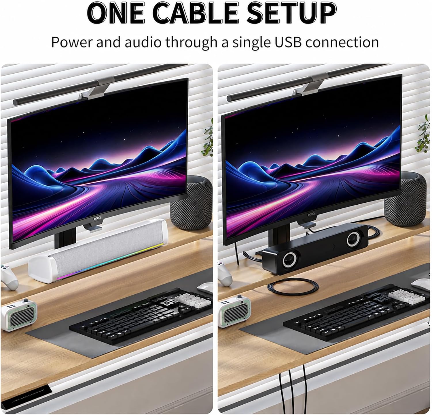 Computer Speakers for Desktop PC, 4-Driver Gaming Soundbar with 12 RGB Light Mode, USB/USB-C Powered PC Speakers with Mic&Headphone Jack for Monitor, Laptop, Plug and Play Sound bar, White