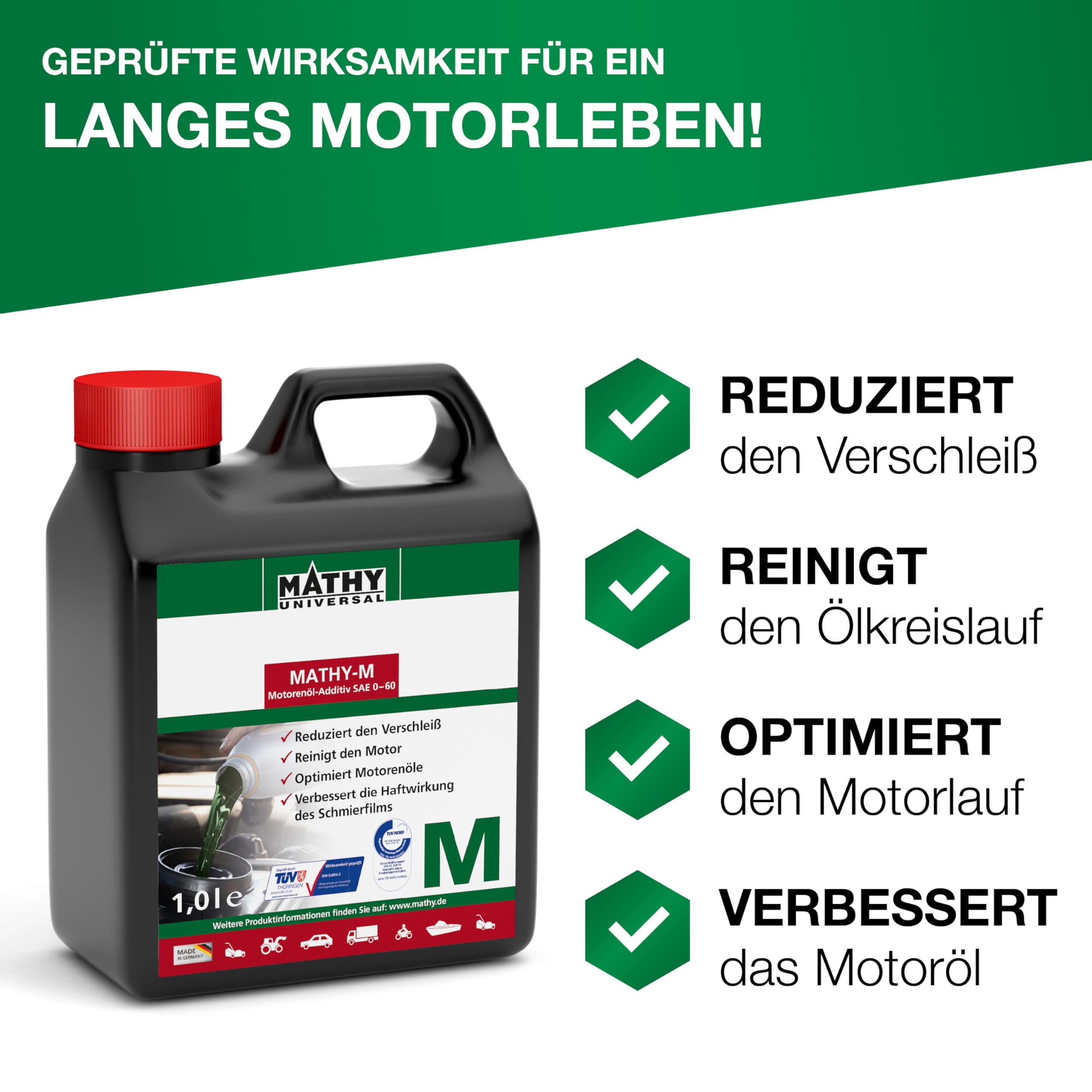 MATHY-M Motoröl-Additiv (500 ml) - Verschleißschutz & Reinigung für Motoren aller Art – Motor Öl-Zusatz für Diesel/Benzin/Gas Motoren