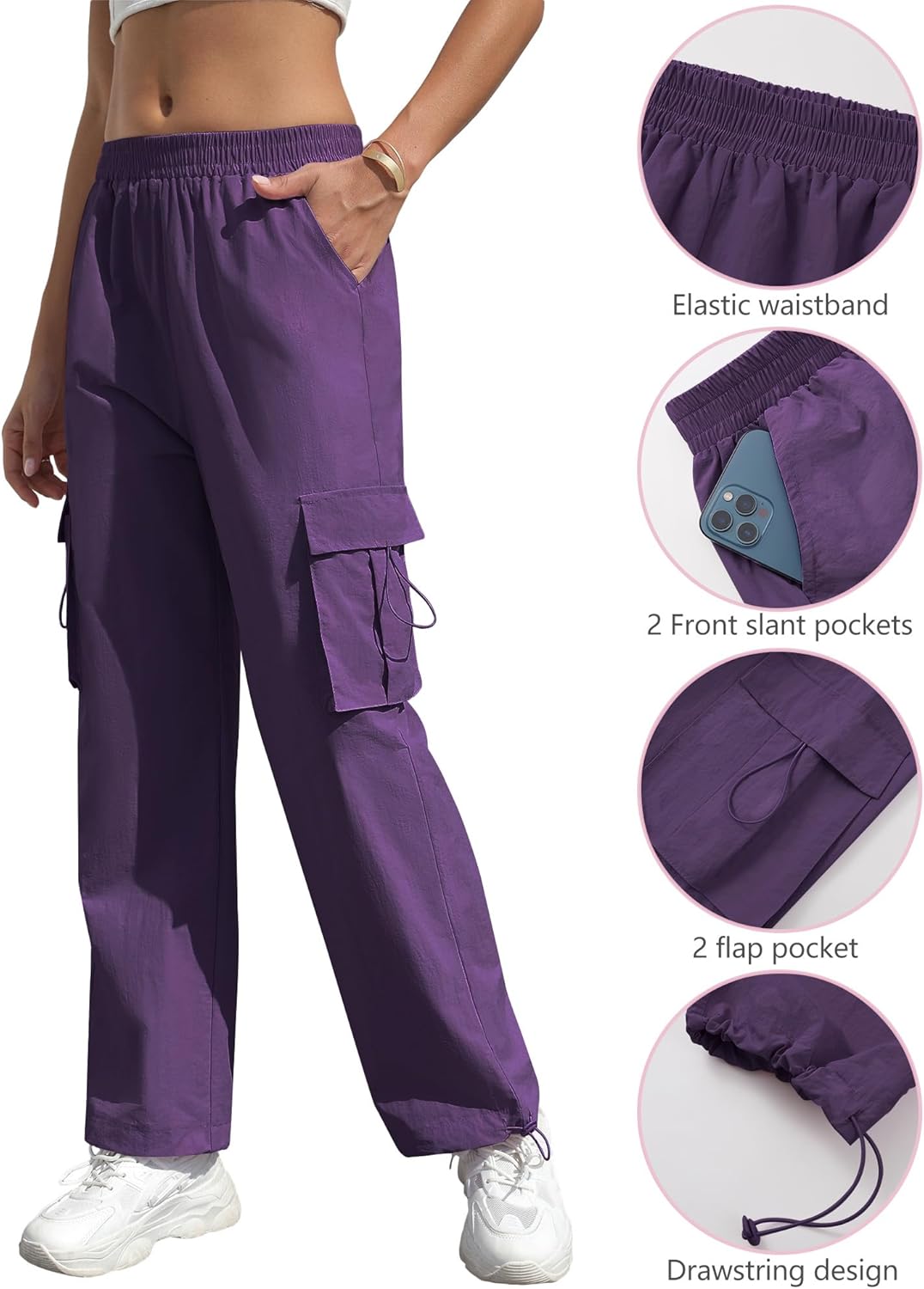 Women's High Waisted Cargo Pants Baggy Trendy Hiking Parachute Pants with Pockets Y2K Cargo Trousers Drawstring Ankles - Image 3