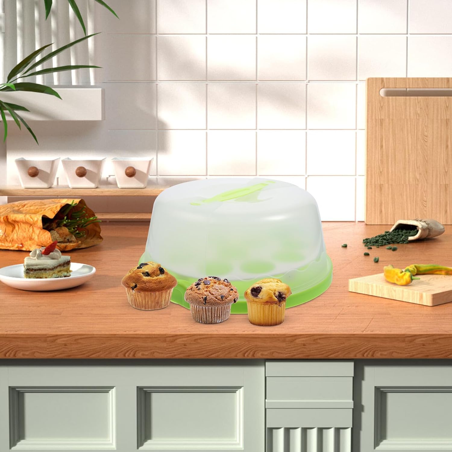 Portable Cake Carrier Box with Handle Green Reusable Plastic Cake Box for Outdoor Dessert Storage
