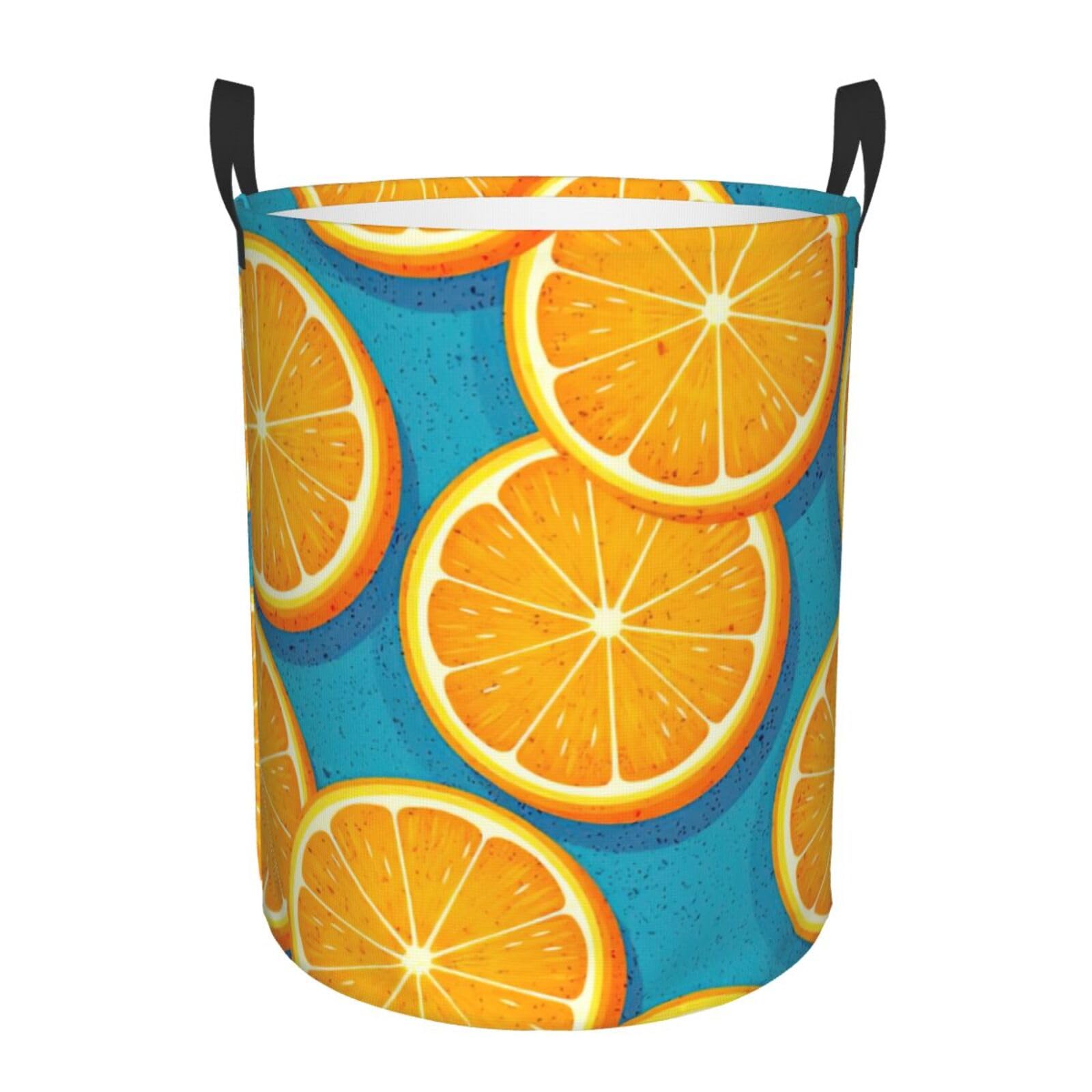 M Collapsible Round Fresh Orange Fruit Print Laundry Hamper