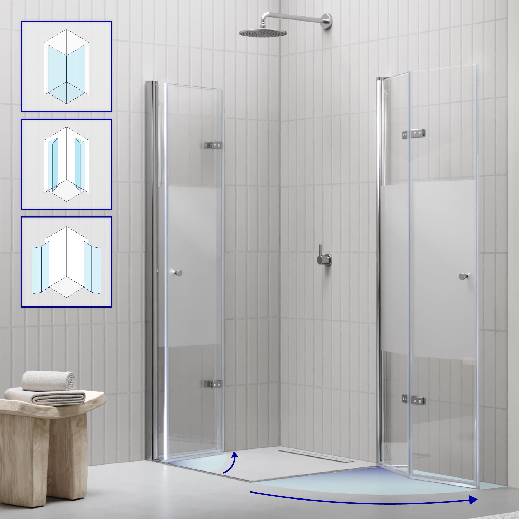 Mampara de Ducha Emma 100x80x190cm, NO REVERSIBLE, Puertas Plegables, Ajuste 98.5-100.5x78.5-80.5cm, Perfiles Cromo, Cristal Templado Parcialmente Satinado 6mm