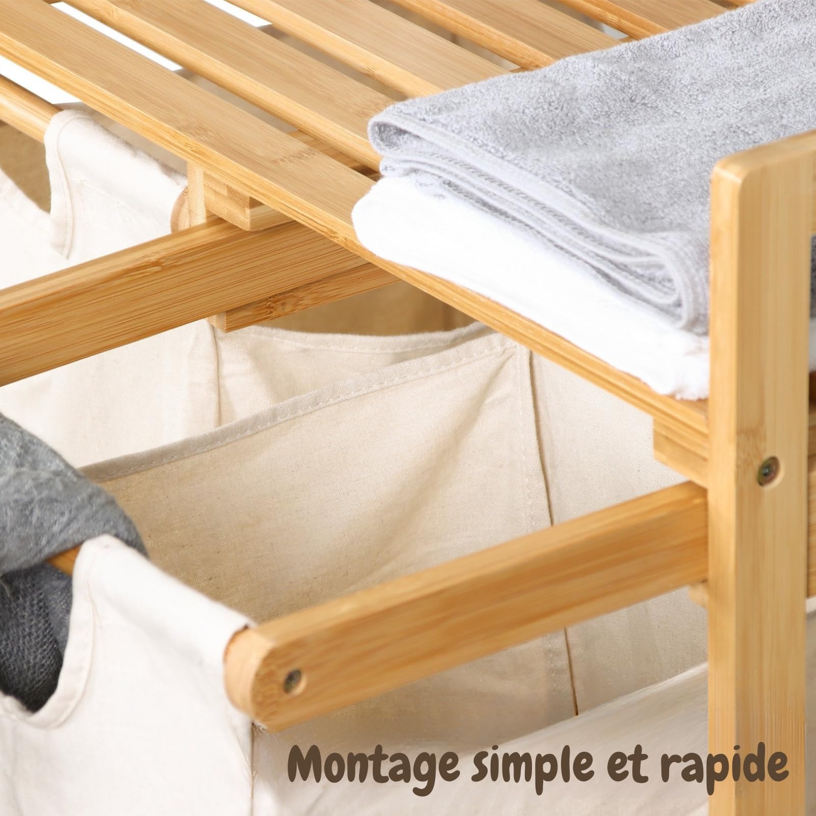 KARAT - Panier à Linge en Bambou - Bac à Linge Chambre Salle de Bain - Collecteur de Linge Sale - Trieur en Bois avec bac à Linge - Tri-Linge écologique - Dakota - 33P x 64L x 73H cm