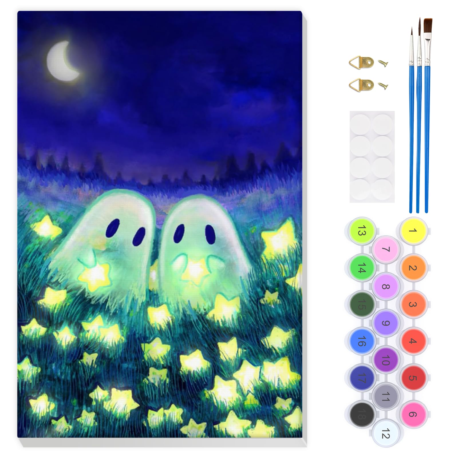 EOBROMD Halloween Paint by Numbers for Adults with Frame, Cute Ghost Paint by Numbers Kits, Moon DIY Color Oil Painting Acrylic Easy Painting by Numbers for Gift Home Wall Decor (8x12inch)