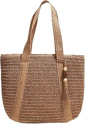 Straw Bag Large Capacity Straw Tote Bag with Tassels & Smooth Zipper, Womens Woven Summer Handbag