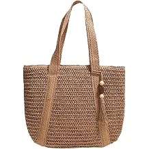 Straw Bag Large Capacity Straw Tote Bag with Tassels & Smooth Zipper, Womens Woven Summer Handbag