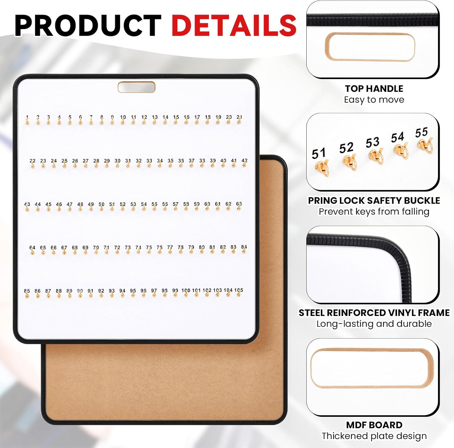 Key Hook Board Rack with 120 Pcs Plastic Tags Set 31.9 x 29.5 Inch Key Holder Wall Mount Organizer with 105 Hooks Self Closing Tabs Colored Labels for Car Hotels Office House Storage