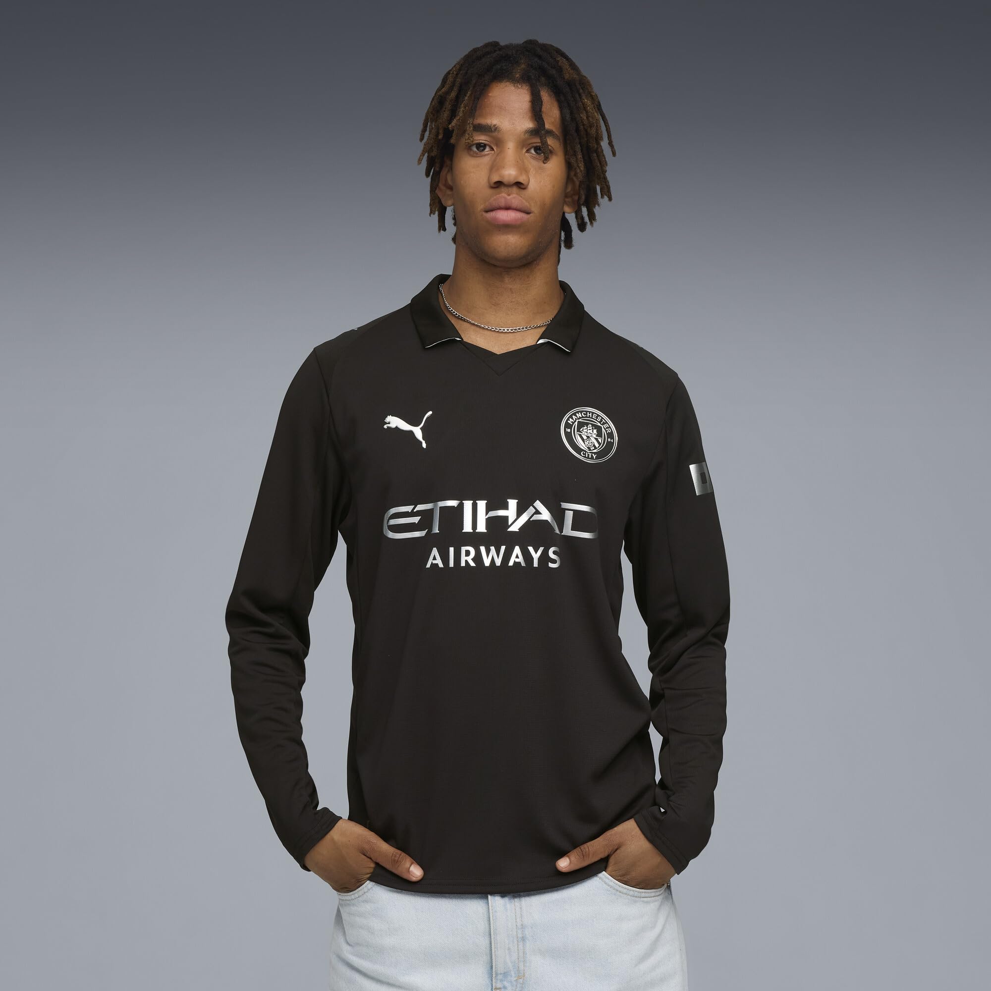 PUMA Maglia Away Manchester City Uomo ML 2025/26 - Nero | Replica ufficiale; maglia da calcio; vestibilità regolare; dryCELL allontana l'umidità; tessuto traspirante